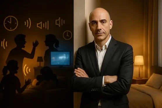 Vittorio Sorge davanti a una parete che divide rumori dei vicini e stanza silenziosa, simbolo di come isolare acusticamente una parete