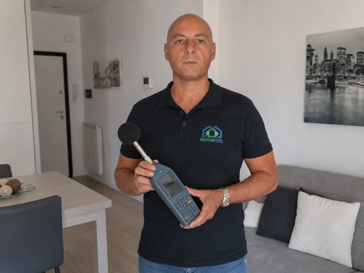 Tecnico Competente in Acustica durante una misura fonometrica per una relazione Sorgedil
