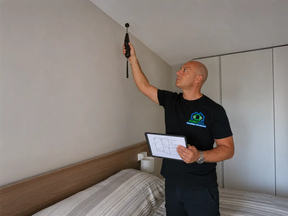 Tecnico durante la valutazione della parete confinante di una camera da letto disturbata dalle voci e dalla televisione dei vicini