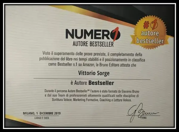 Certificato ufficiale di Vittorio Sorge come autore bestseller n.1 su Amazon per il libro Il Benessere Acustico, rilasciato da Bruno Editore