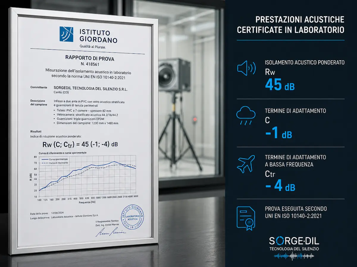 Certificazione di laboratorio con valori Rw C e Ctr riferiti a una configurazione di infisso antirumore