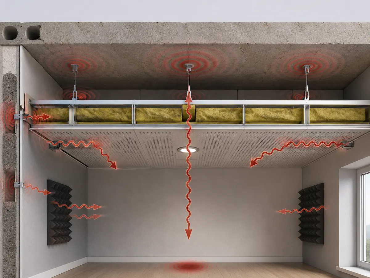 Rappresentazione tecnica degli errori da evitare nell’isolamento acustico del soffitto