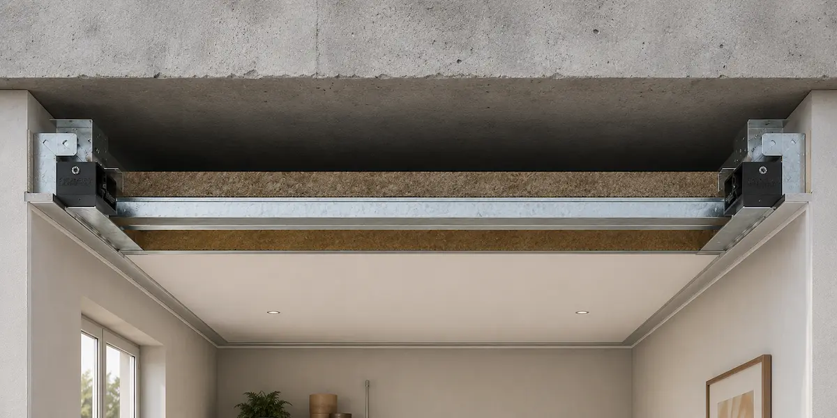 Sezione tecnica di un soffitto autoportante Sorgedil senza pendini con SuonoStop e Vibrales