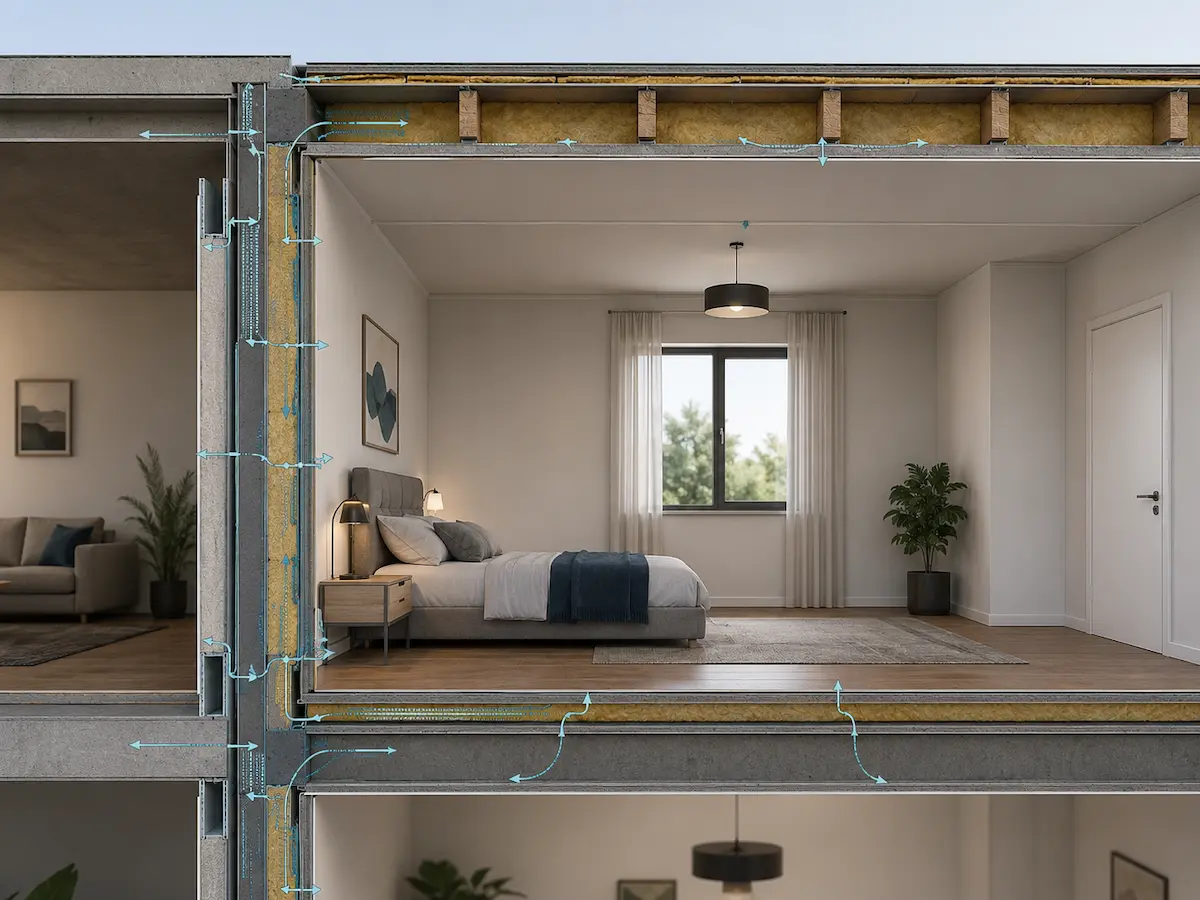 Schema tecnico dei possibili percorsi del rumore attraverso parete, soffitto, pavimento e raccordi laterali di una stanza