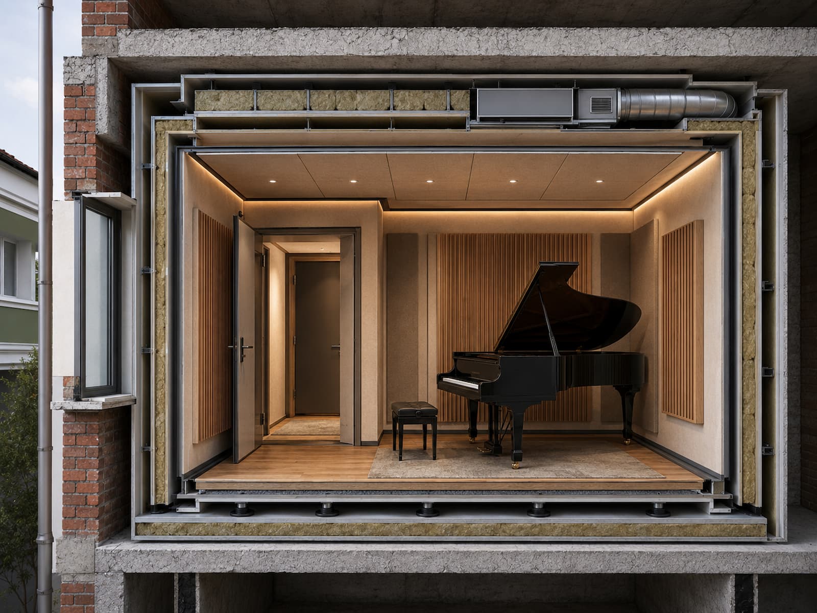 Disegno tecnico Sorgedil di una stanza nella stanza per musica con contropareti, controsoffitto autoportante, pavimento disaccoppiato, porta, finestra e ventilazione