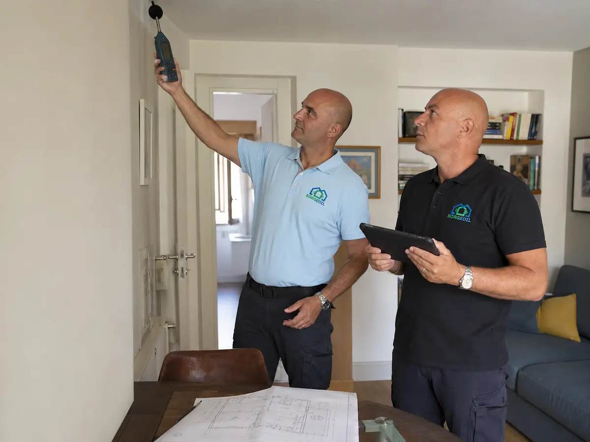 Tecnico e installatore Sorgedil durante l’analisi acustica di un appartamento a Roma
