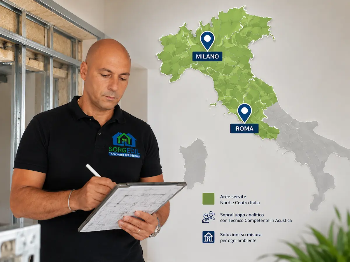 Aree di intervento Sorgedil per l’isolamento acustico del soffitto nel Nord e Centro Italia