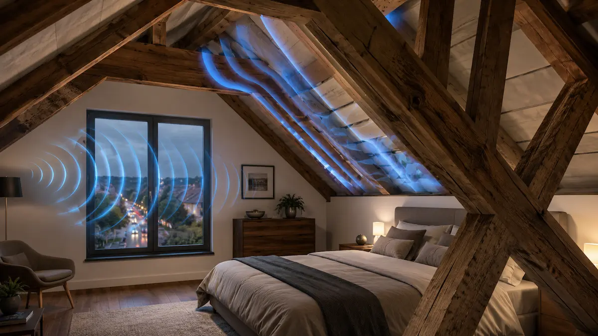 Finestra antirumore in stanza con tetto in legno e travi a vista con onde sonore esterne che entrano da finestra e copertura