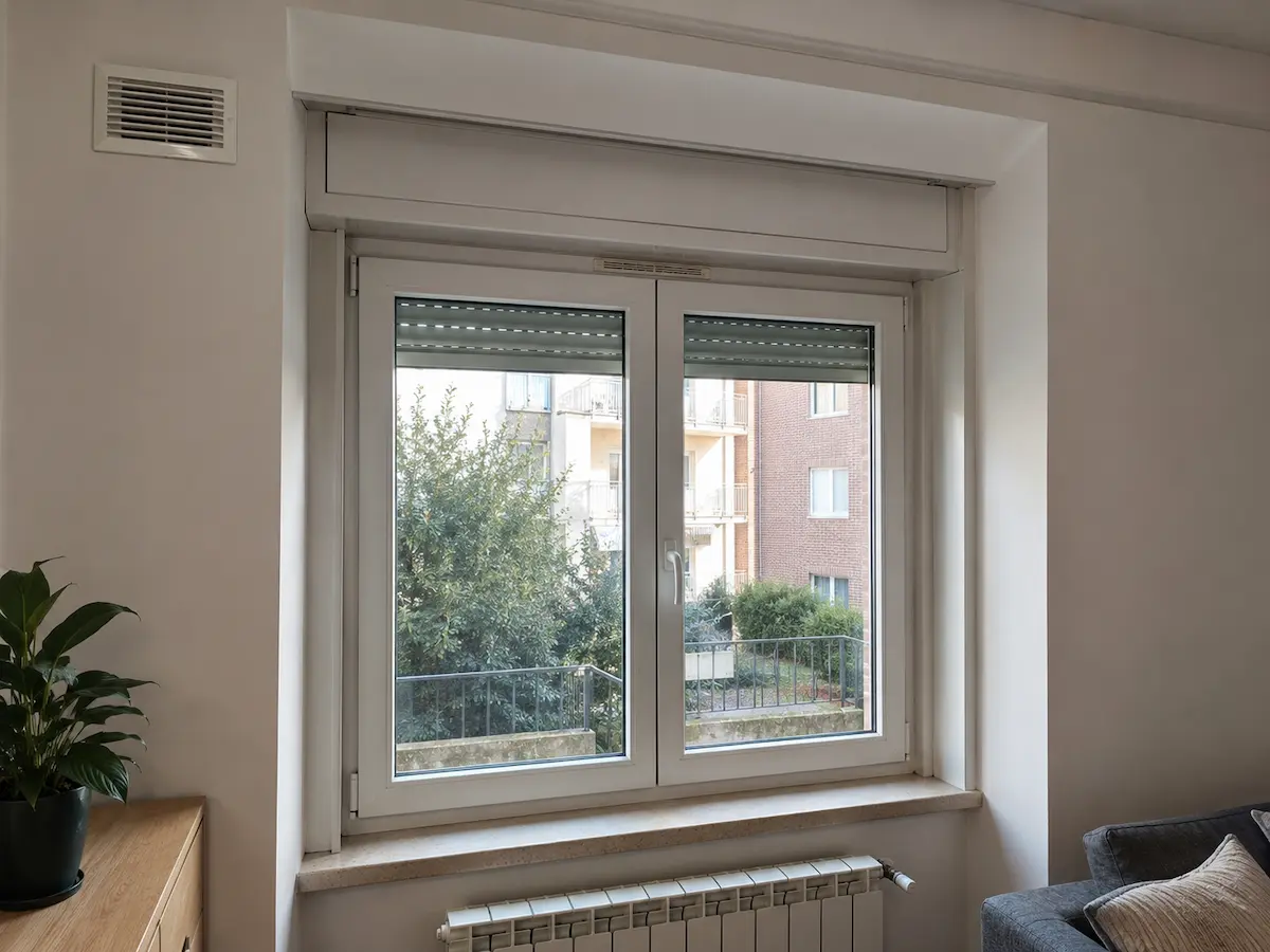 Vano finestra residenziale con vetro, telaio, guarnizioni, cassonetto della tapparella e raccordi con la muratura