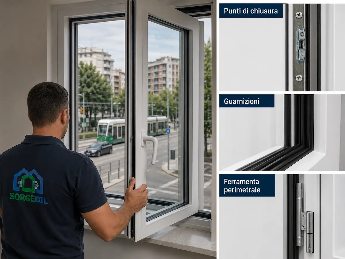 Guarnizioni, ferramenta perimetrale e punti di chiusura di un infisso antirumore Sorgedil