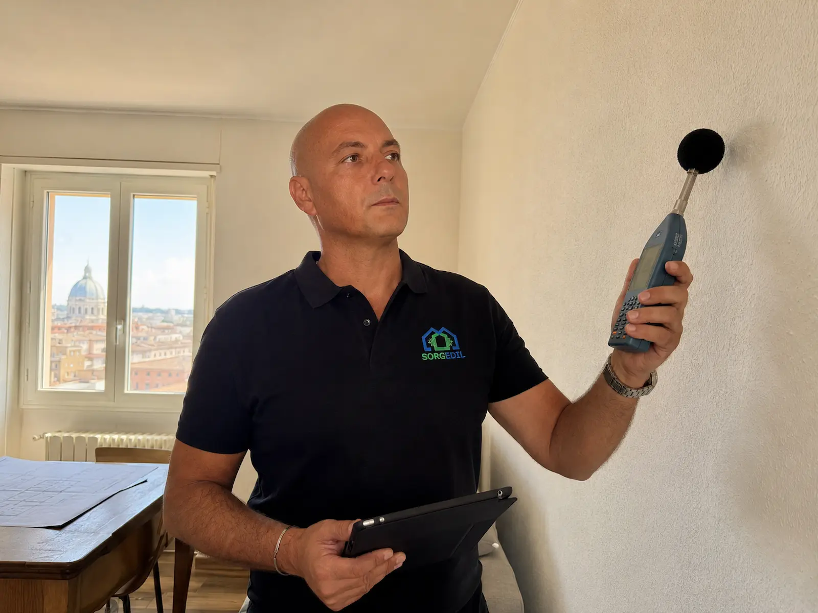 Tecnico Sorgedil durante la valutazione acustica di un appartamento in condominio a Milano