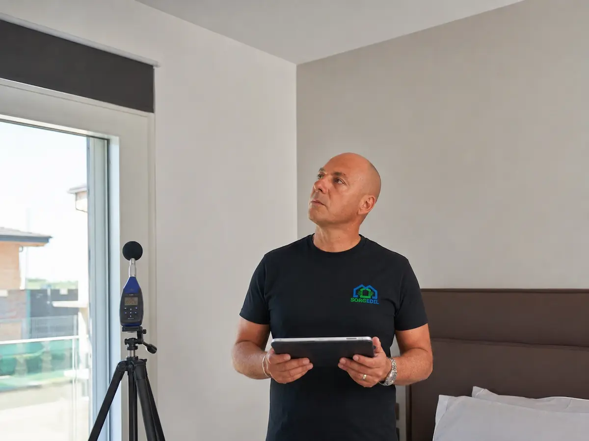 Tecnico Sorgedil durante l’analisi di un problema di isolamento acustico in una camera da letto