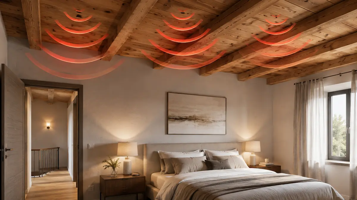 Camera da letto con soffitto in legno e travi a vista, con onde sonore che rappresentano passi, voci e rumori provenienti dal piano superiore