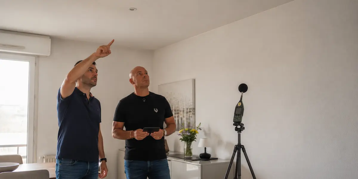 Tecnico Sorgedil analizza i rumori provenienti dal piano superiore prima di progettare l’isolamento acustico del soffitto