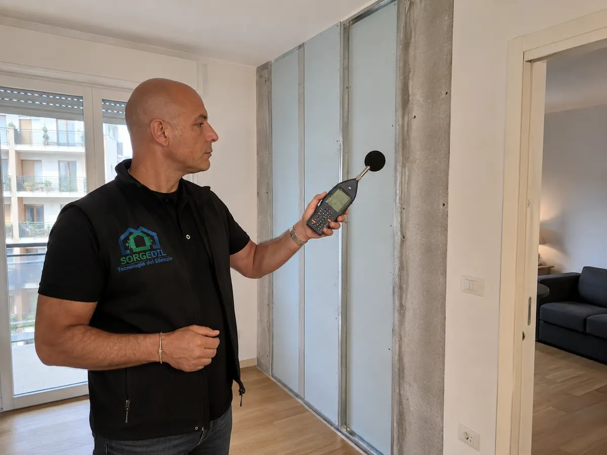 Tecnico Sorgedil durante la valutazione della parete condivisa tra due appartamenti in condominio