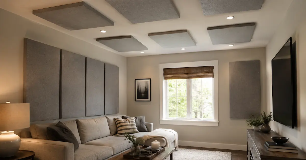 Soggiorno moderno con pannelli fonoassorbenti decorativi applicati alla parete
