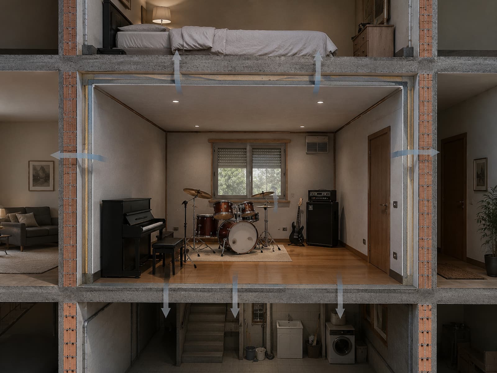 Rappresentazione tecnica dei percorsi del suono e delle vibrazioni attraverso pareti, soffitto, pavimento, porta, finestra e impianti di una stanza per musica