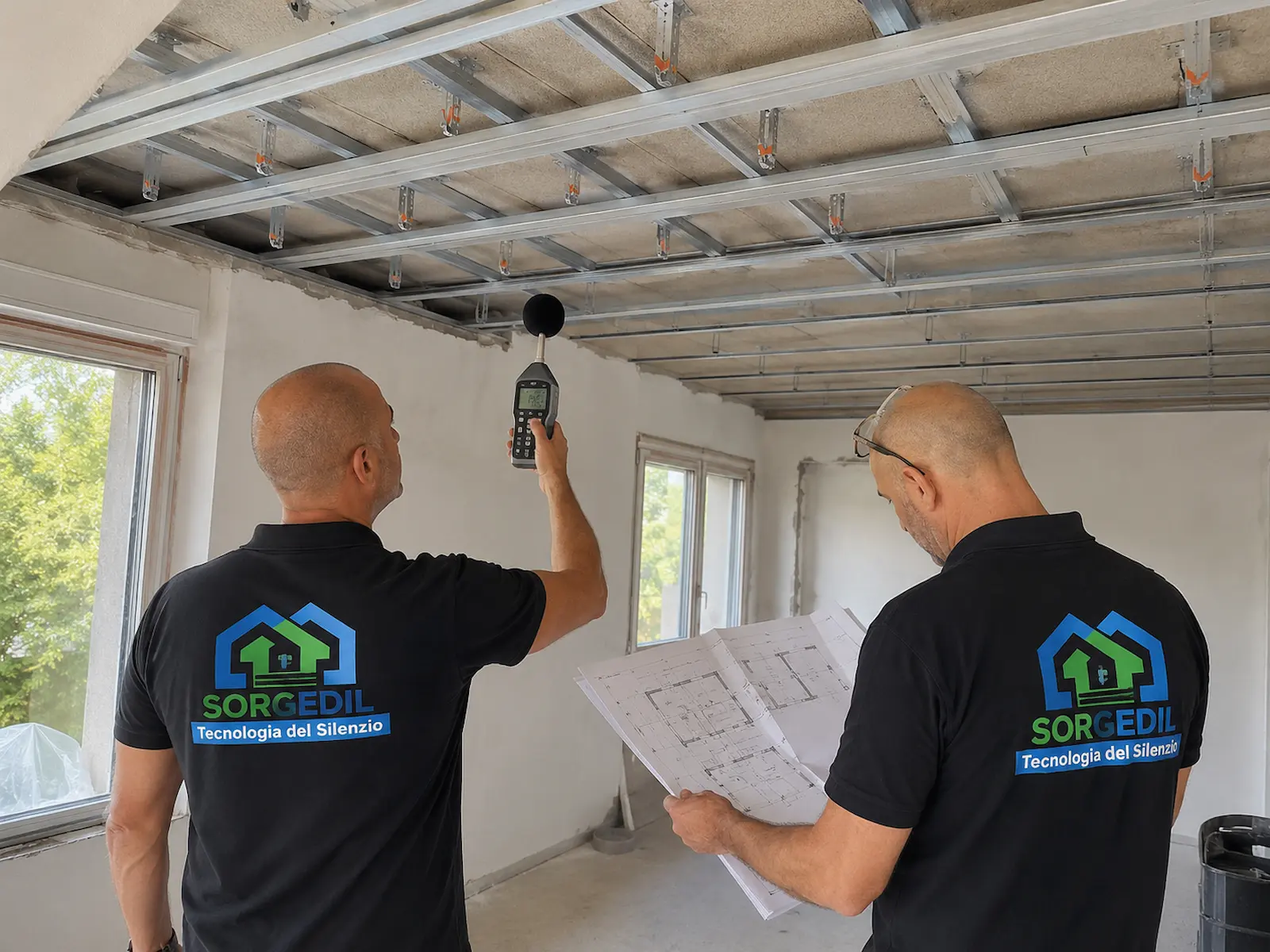 Tecnici Sorgedil durante il percorso di analisi, progettazione e realizzazione di un soffitto insonorizzato