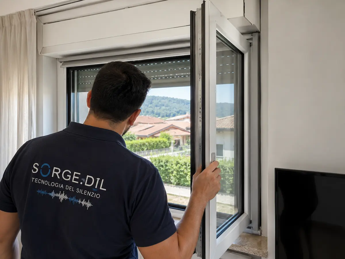 Tecnico che valuta quale soluzione scegliere per insonorizzare una finestra, controllando telaio, guarnizioni, posa e cassonetto