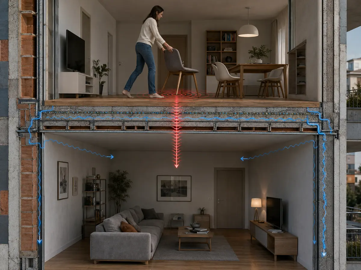 Trasmissione diretta e laterale del rumore dal piano superiore attraverso soffitto e pareti