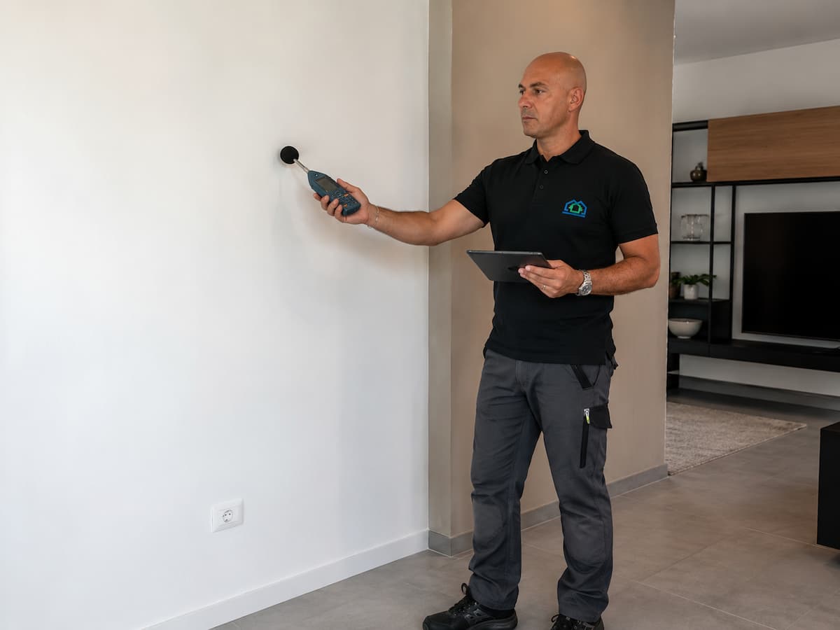 Valutazione tecnica di una parete in appartamento con attenzione a soffitto, pavimento, prese e percorsi laterali del rumore
