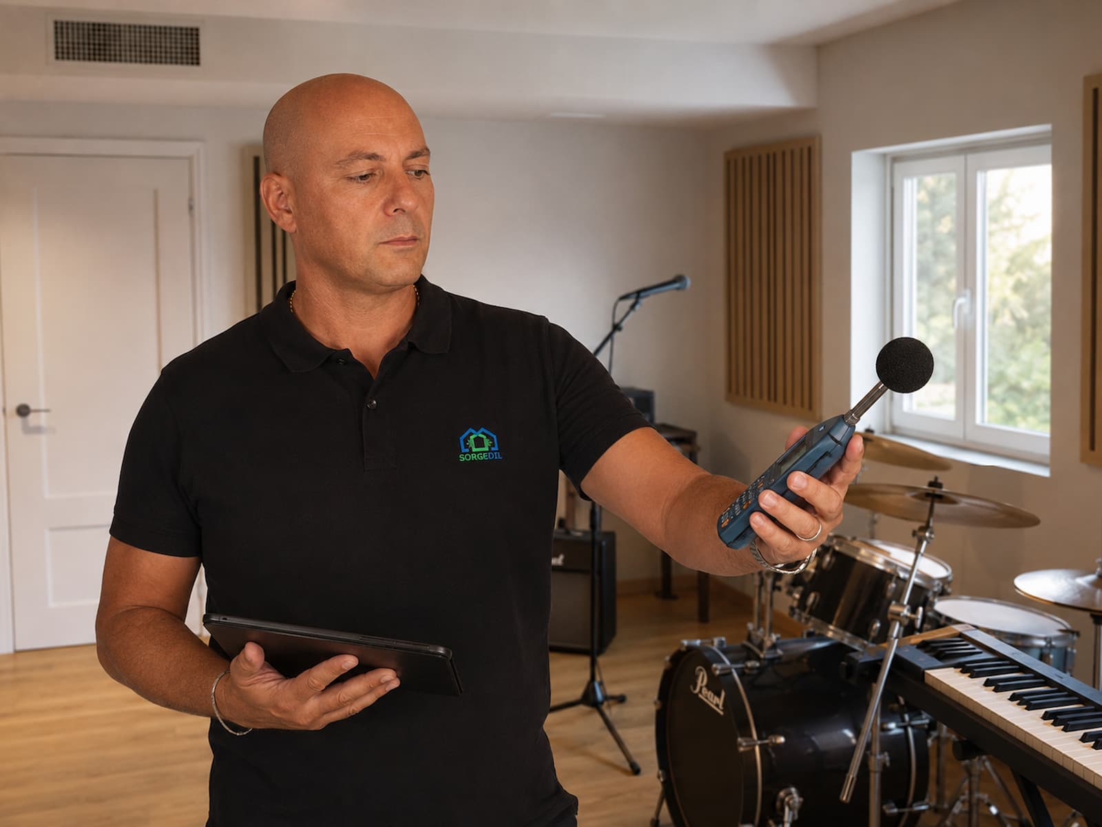 Tecnico Sorgedil valuta una stanza per musica considerando strumenti, strutture, accessi e ventilazione