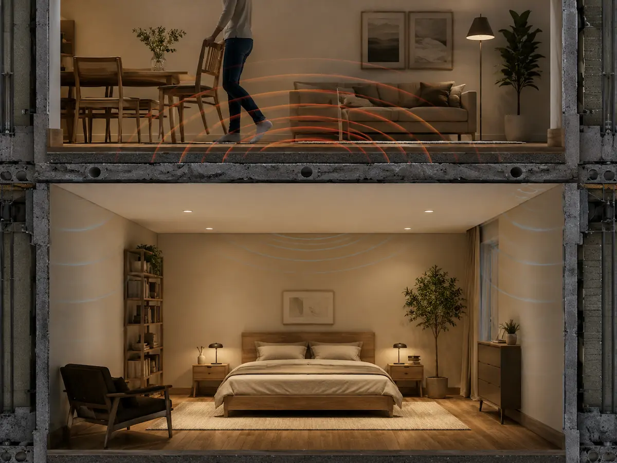 Camera da letto con soffitto insonorizzato e riduzione dei rumori provenienti dal piano superiore