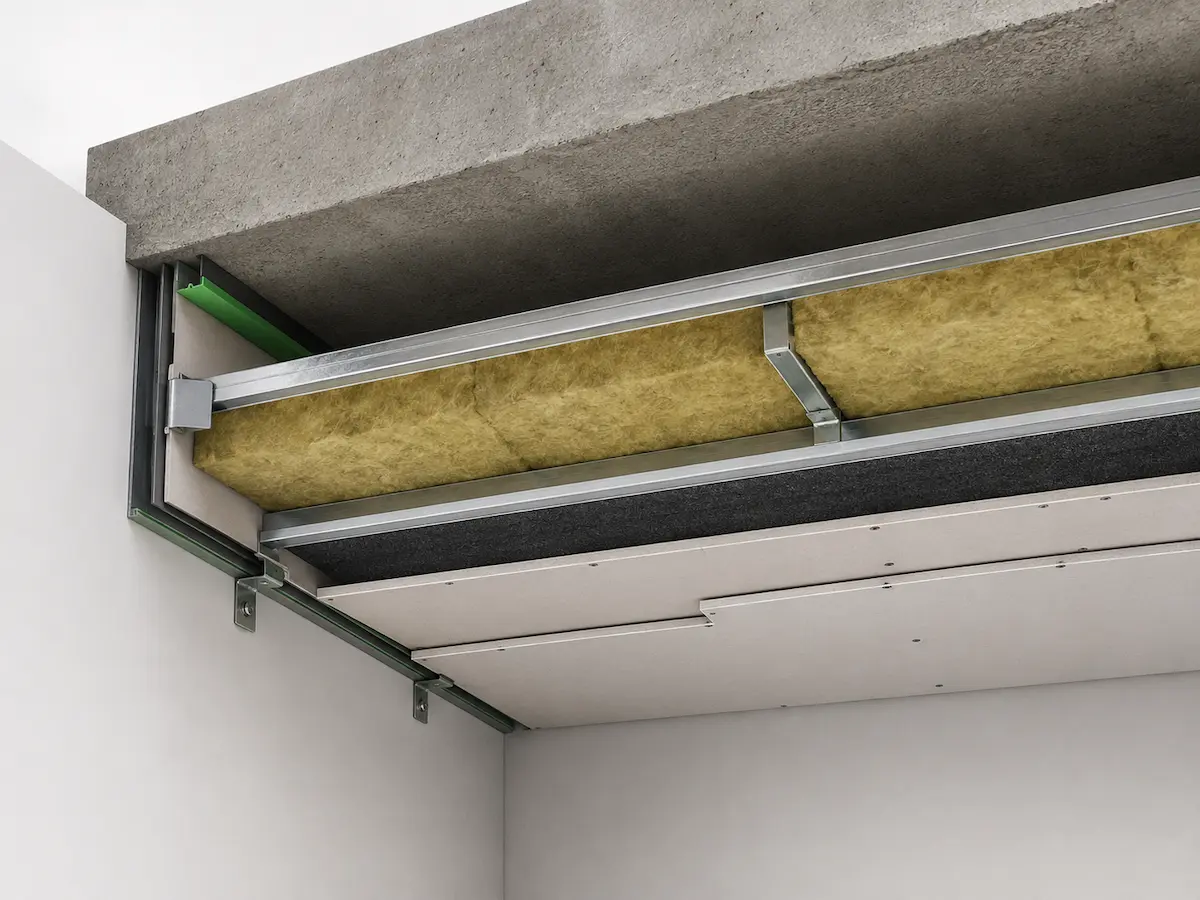 Sezione tecnica del soffitto autoportante Sorgedil senza pendini con camera d’aria, disaccoppiamento e strati fonoisolanti