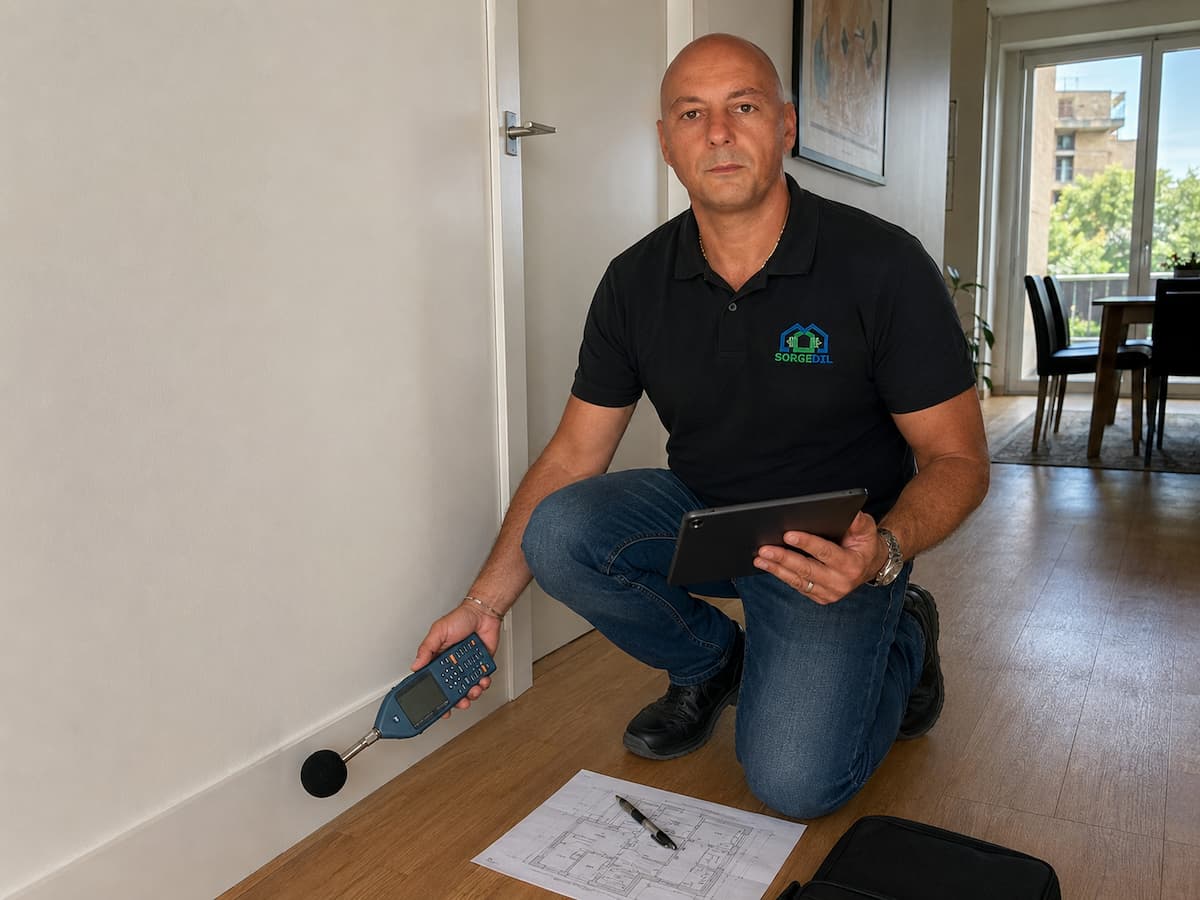 Tecnico Competente in Acustica durante il sopralluogo analitico per l’isolamento acustico del pavimento di un appartamento