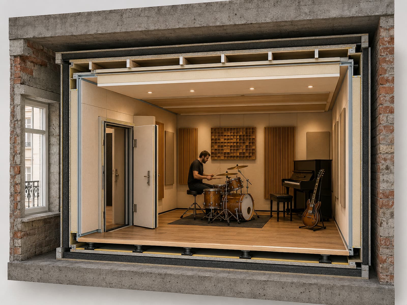 Disegno tecnico Sorgedil dello spazio occupato da contropareti, controsoffitto, pavimento e porta in una stanza insonorizzata per musica