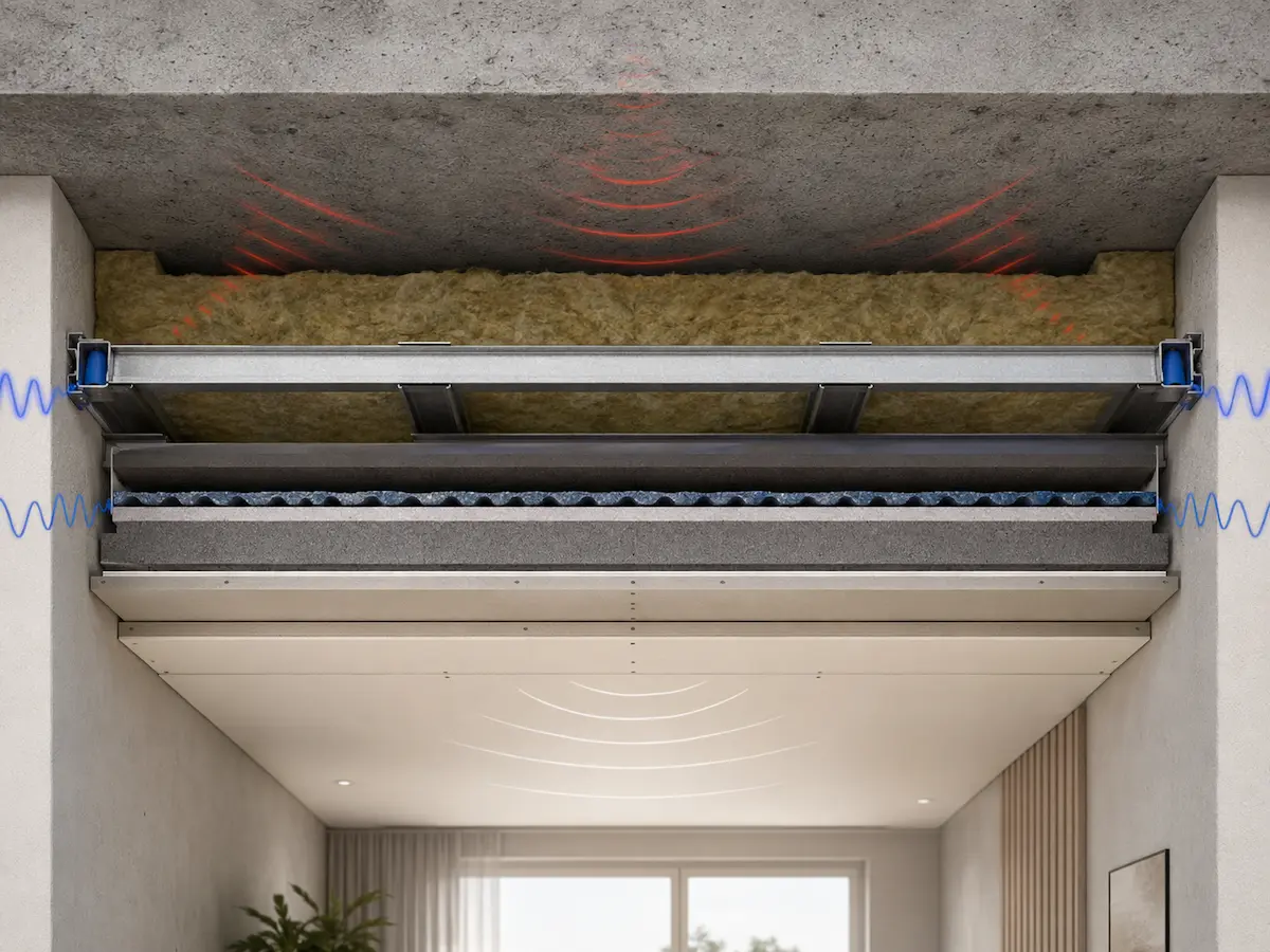 SuonoStop e Vibrales inseriti nella stratigrafia di un soffitto autoportante Sorgedil senza pendini