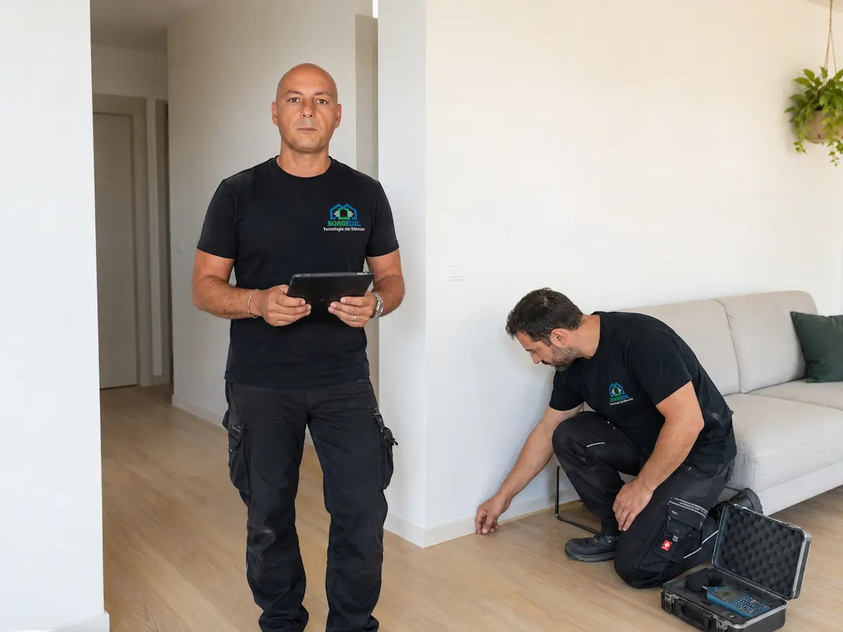 Tecnico e posatore Sorgedil verificano il progetto di isolamento acustico in una stanza residenziale