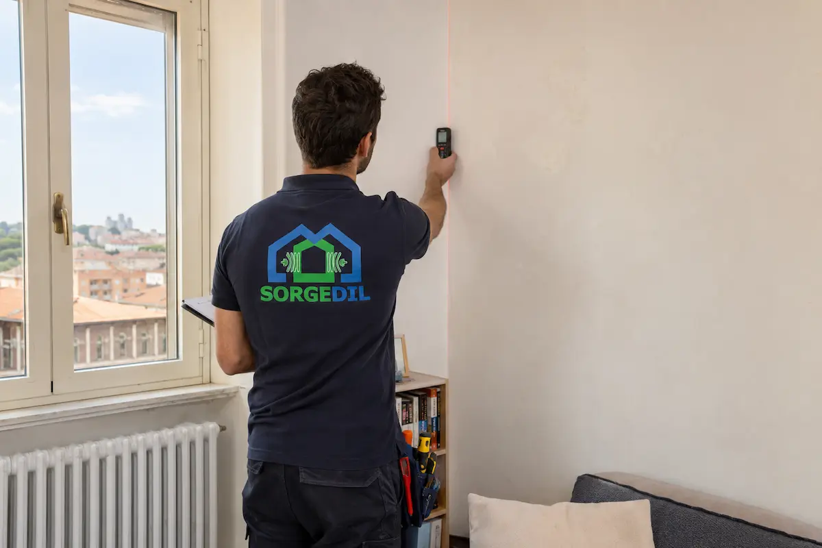 Tecnico Sorgedil durante la valutazione di una parete confinante in un appartamento a Roma