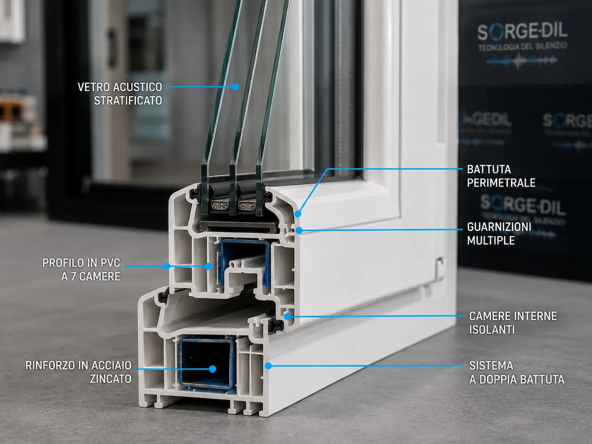 Telaio in PVC di un infisso antirumore con profilo profondo, camere interne e battuta perimetrale