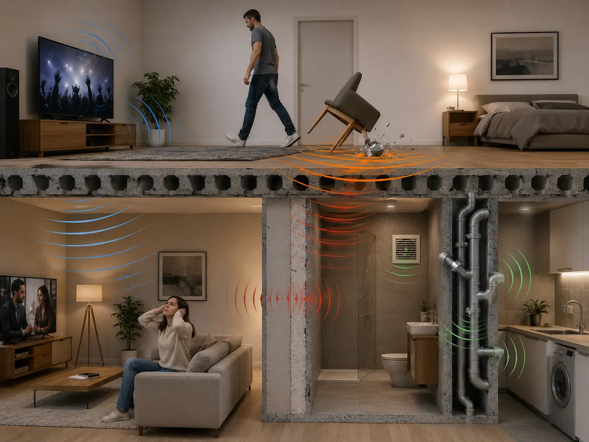 Infografica dei rumori aerei, da impatto e degli impianti che possono attraversare il soffitto