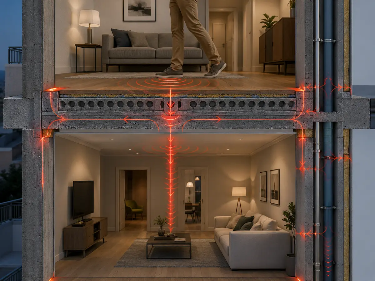 Rappresentazione tecnica delle trasmissioni dirette e laterali del rumore attraverso soffitto, pareti e strutture collegate
