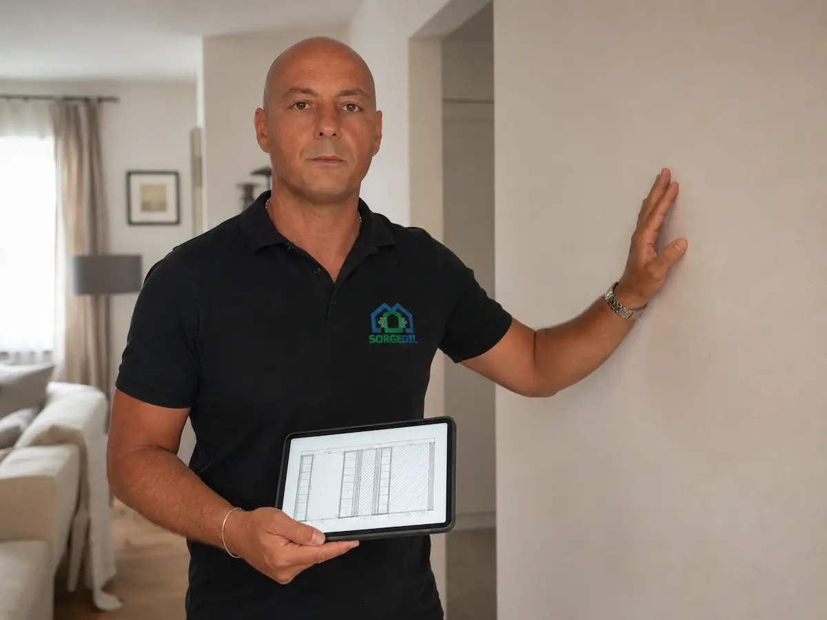 Tecnico Sorgedil durante la valutazione progettuale del costo per insonorizzare una parete interna
